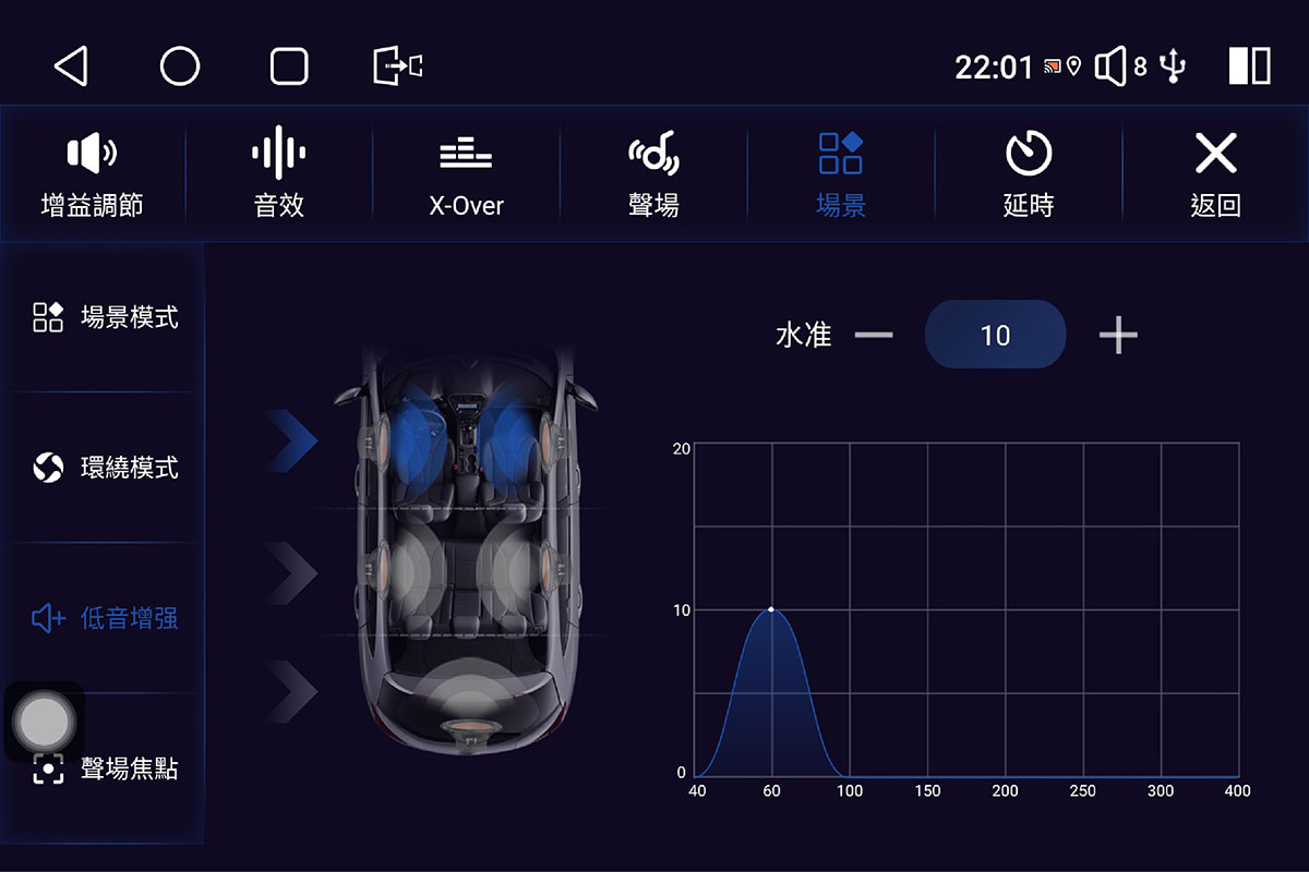 CARDIO 車用安卓機 CPW Pro 13 吋，在 5 種音場場景模式，可額外調校 BASS 低音強度