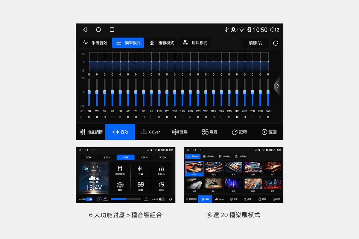 LX系列安卓機的 DSP 軟體支援 48 段 EQ 調音和 20 種樂風模式